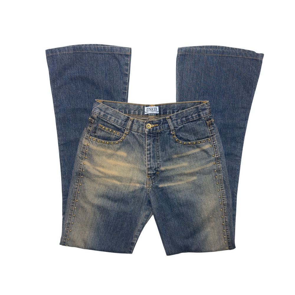 USED Studded Flare Jeans Blue Sandblasted Wash Y2K Stretch Denim